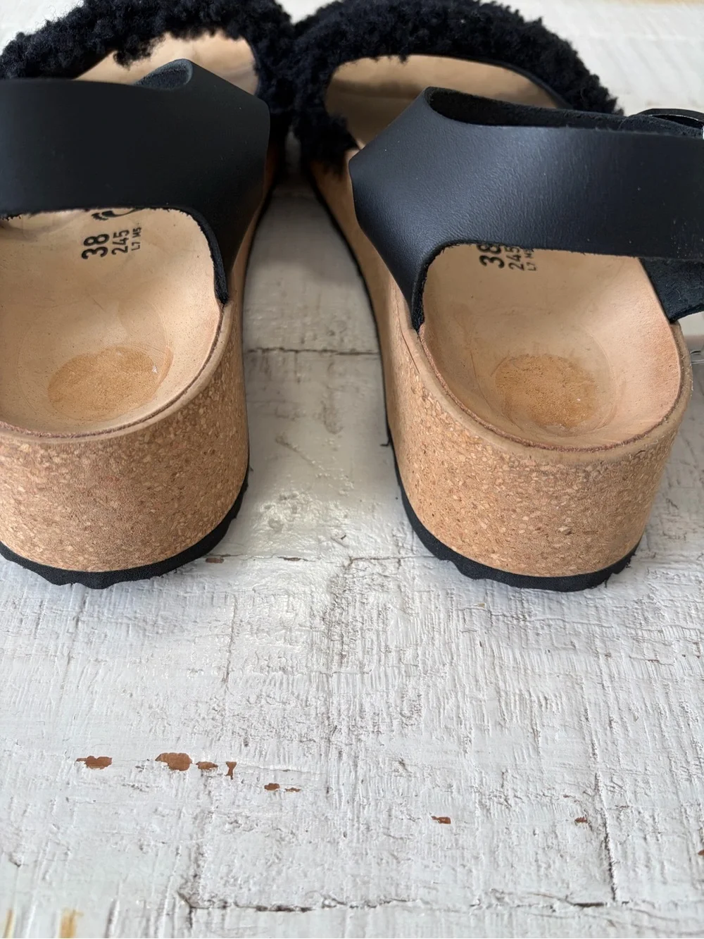 Birkenstock Papillio Glenda Teddy Sandals NWT EU size 38 US 7 7.5 Black Wedge